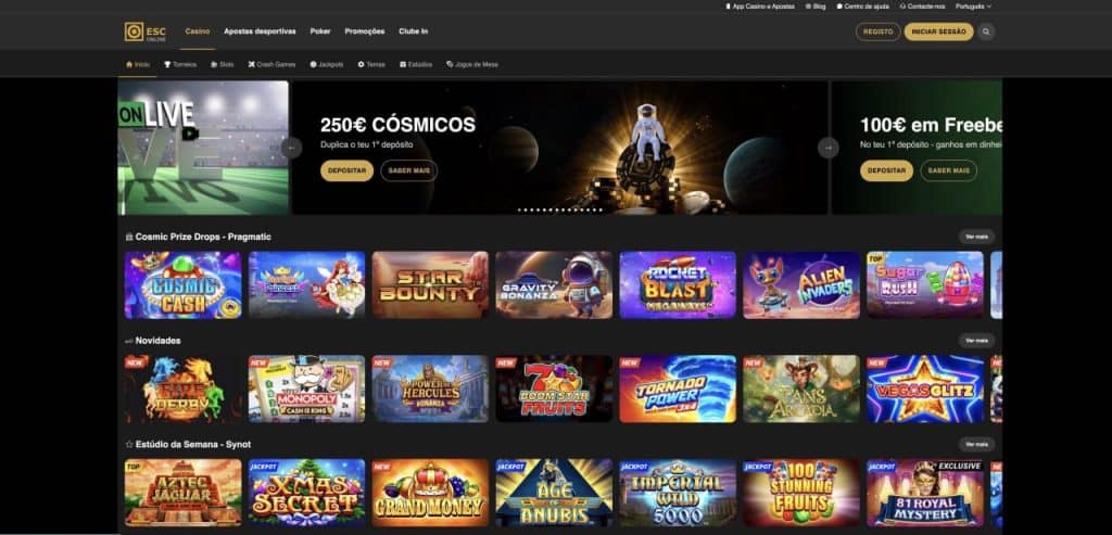 Página inicial do casino online da ESC Online com categorias de jogos e promoções.