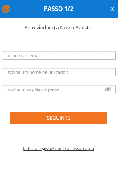 Formulário de registo da Nossa Aposta com campos para email, nome e palavra-passe.