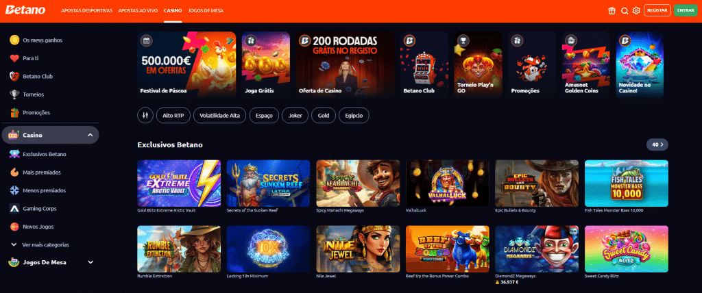 Oferta de jogos no casino Betano com slots e jogos de mesa