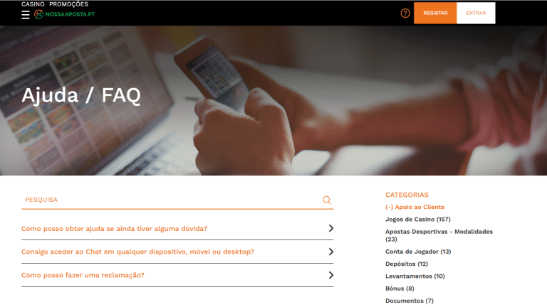 Página de FAQ da Nossa Aposta com perguntas frequentes sobre a plataforma.