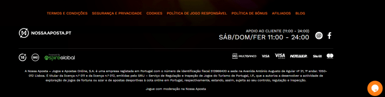 Página de apoio ao cliente da Nossa Aposta com contactos e horários de atendimento.