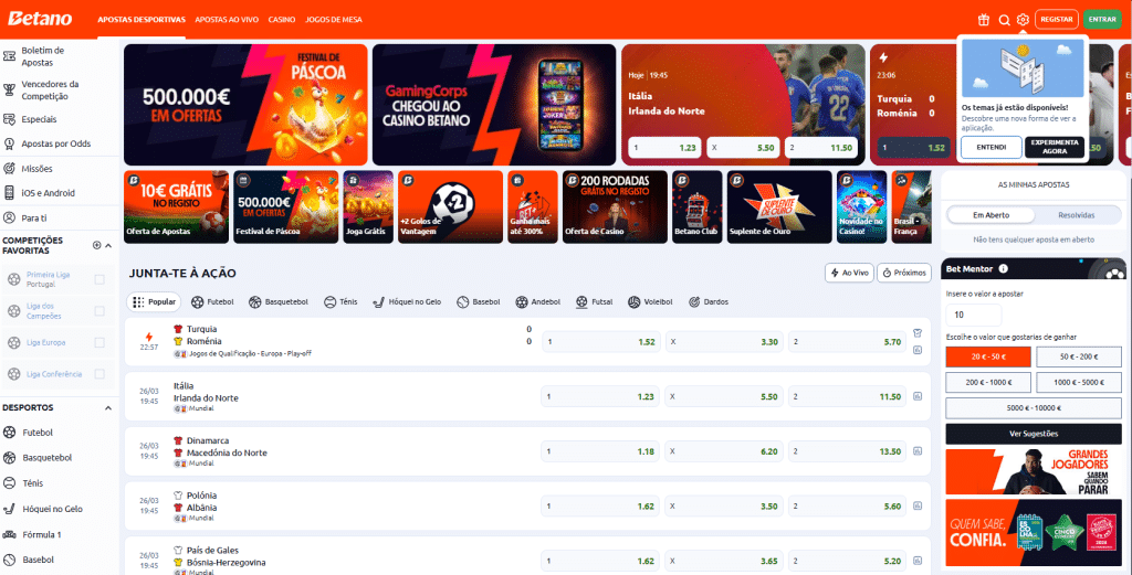 Página de apostas desportivas da Betano com eventos e odds disponíveis