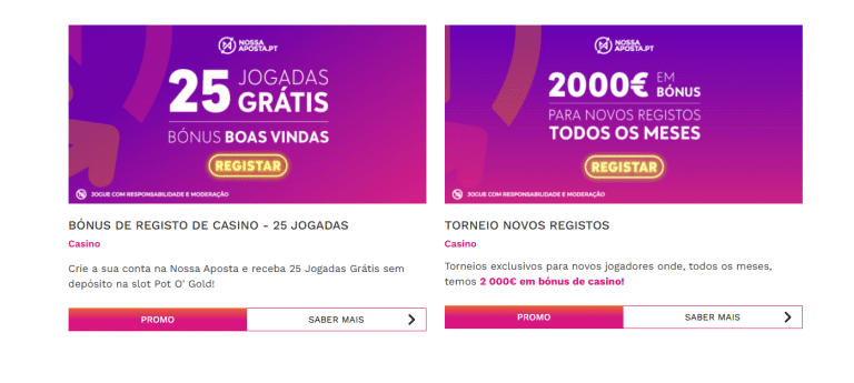 Página de bónus da Nossa Aposta com ofertas de boas-vindas disponíveis.