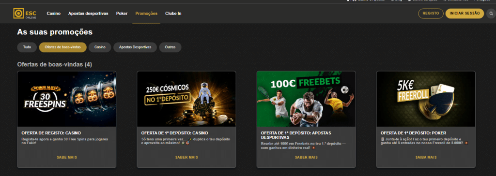 Página de promoções do ESC Online Casino com diferentes bónus disponíveis.