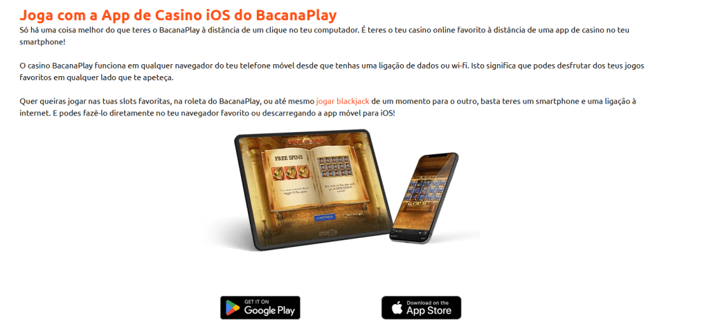 Página do BacanaPlay com informação sobre a app e links para download.