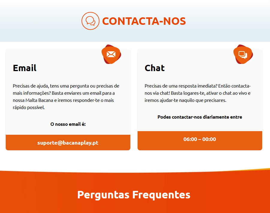 Secção de apoio ao cliente do BacanaPlay com diferentes opções de contacto disponíveis.