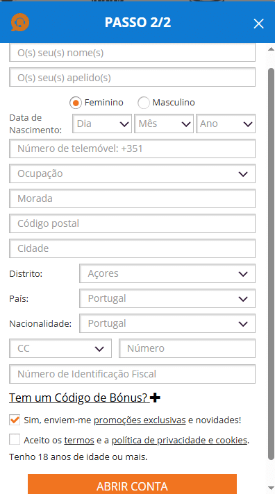 Segundo passo do registo na Nossa Aposta com dados pessoais como nome, telefone e morada.