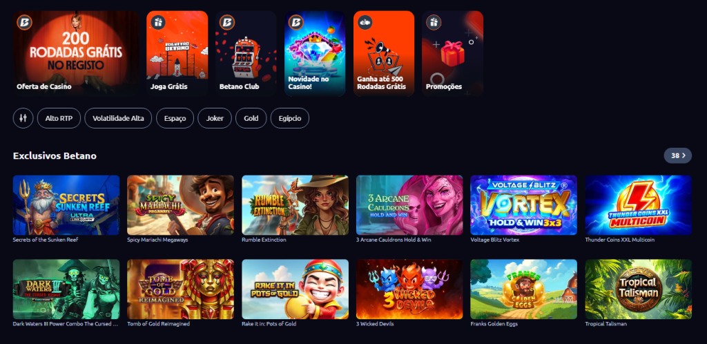 Seleção de jogos no Betano Casino com slots e jogos de mesa disponíveis.