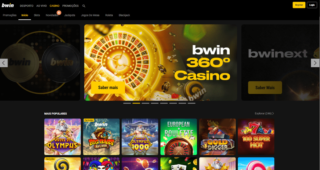 Interface do casino Bwin testada pela equipa da Apostas Agora — slots populares, roleta e jogos de mesa numa interface organizada por categoria