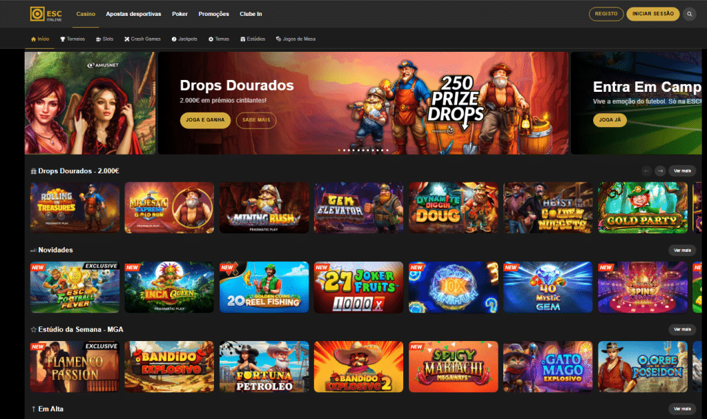 Interface do casino ESC Online testada pela equipa da Apostas Agora — slots exclusivas e categorias organizadas por fornecedor