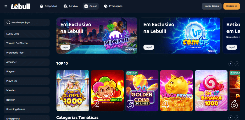 Casino da LeBull com seleção de jogos e categorias disponíveis