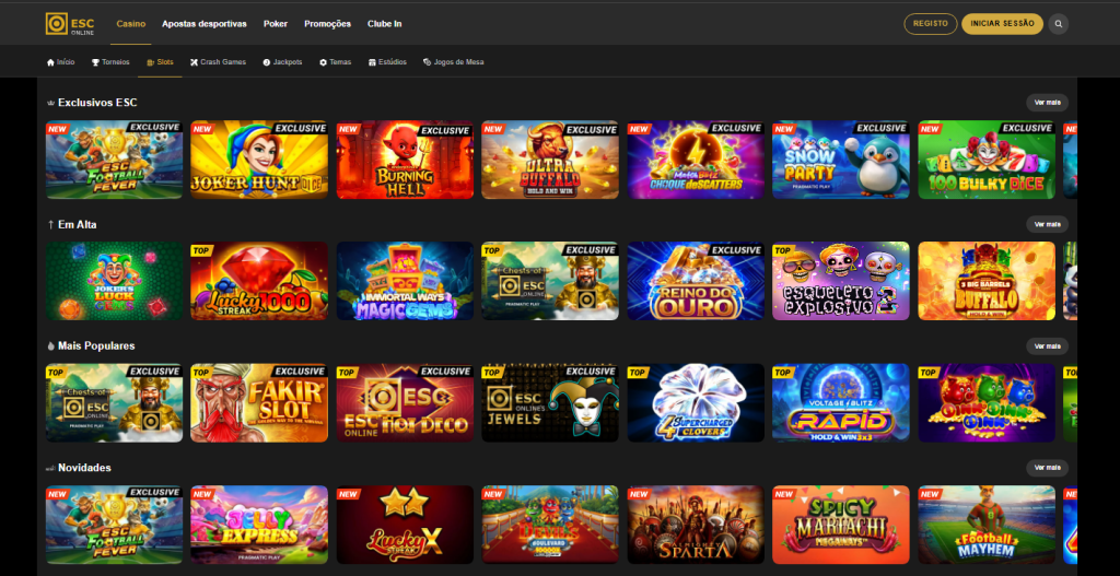 Página inicial do casino ESC Online com jogos em destaque e categorias