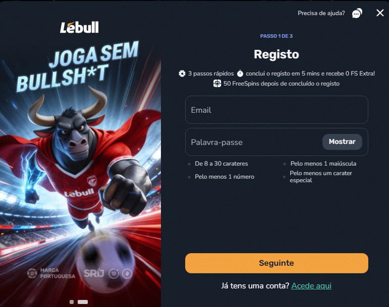 Registo na LeBull com formulário de criação de conta