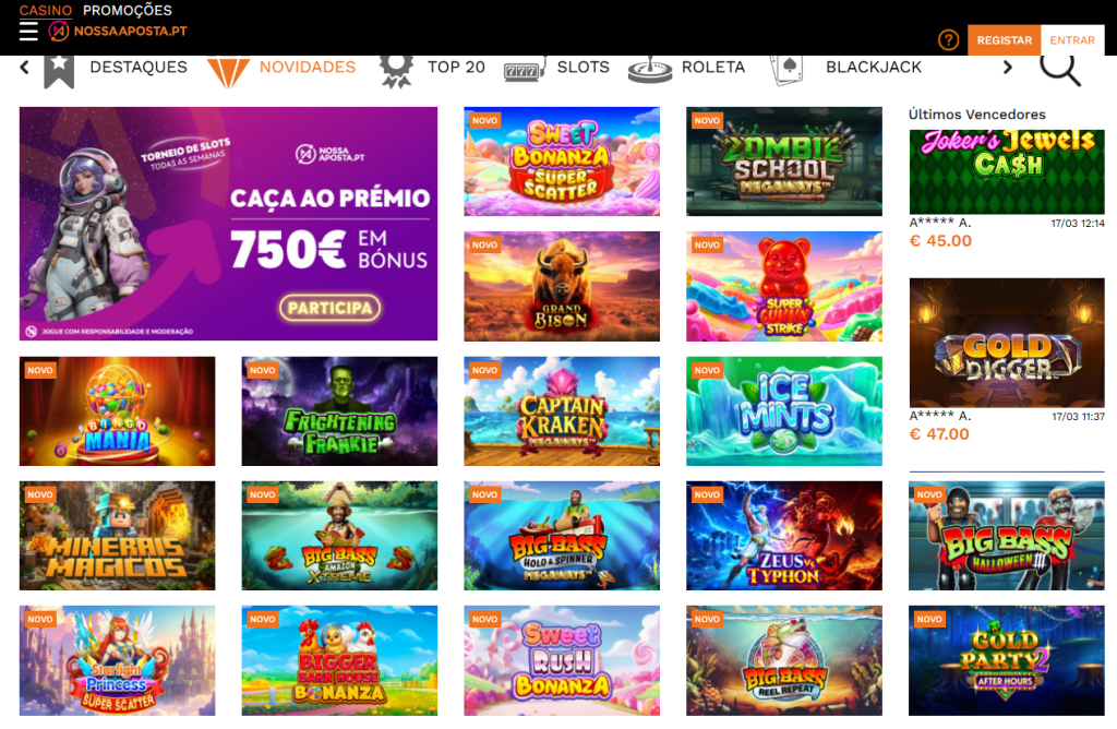 Interface do casino Nossa Aposta testada pela equipa da Apostas Agora — secção de novidades com slots e painel de últimos vencedores